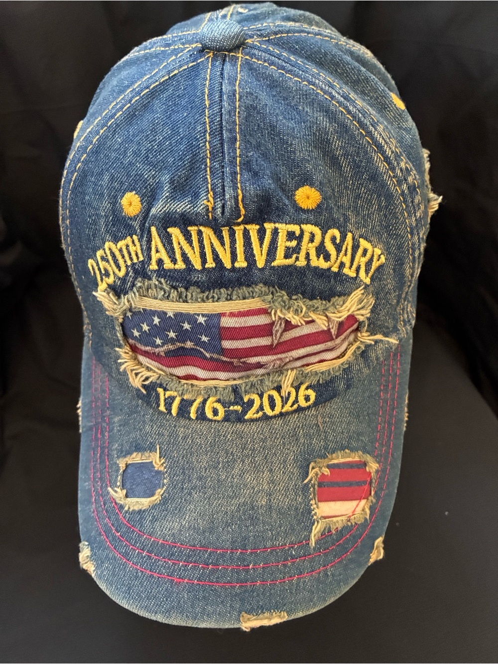 250th Anniversary Distressed Denim Cap with American Flag Patch - Blue